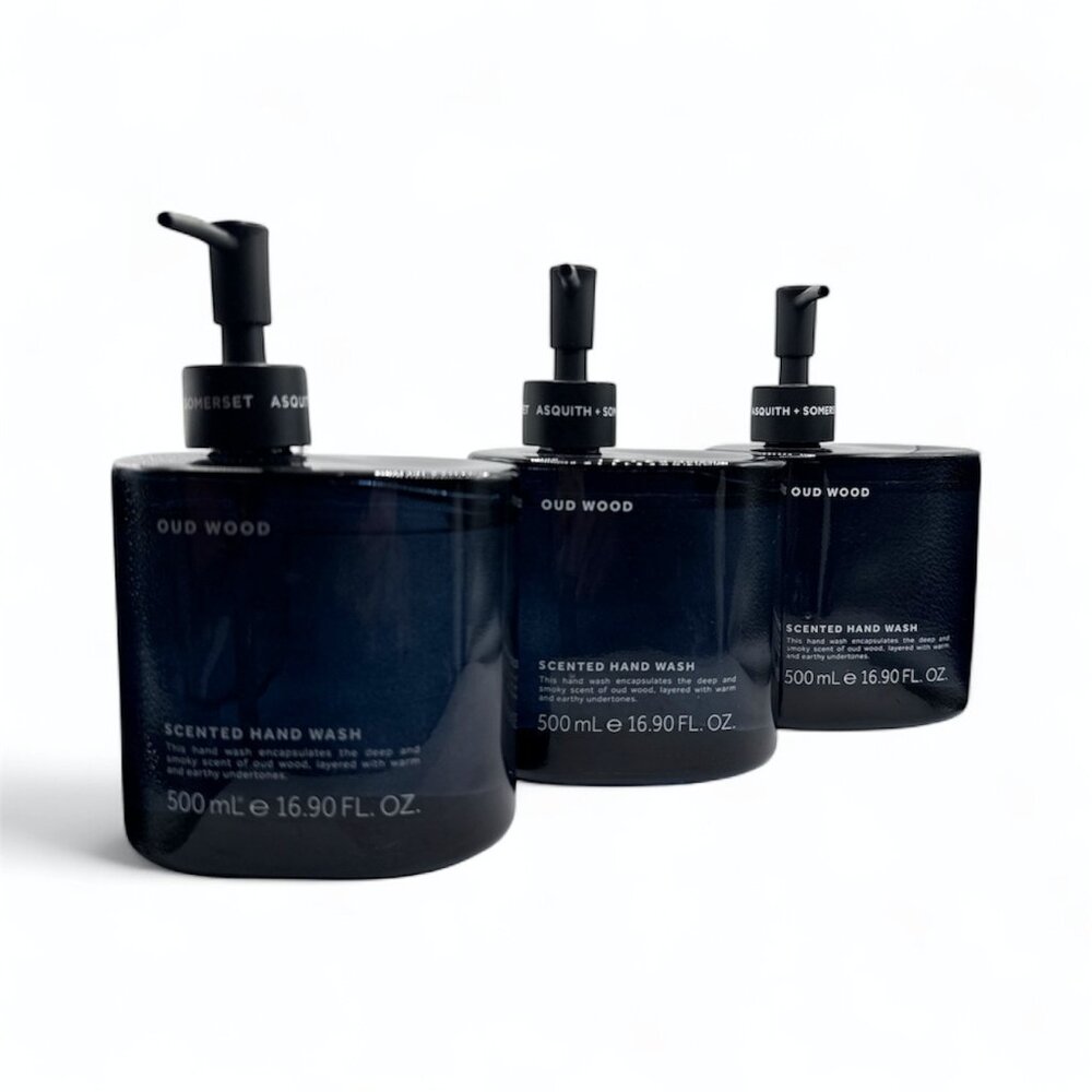 NEW 3x Asquith & Somerset - Oud Wood Glass Bottle Scented Hand Wash - 16.9 fl oz